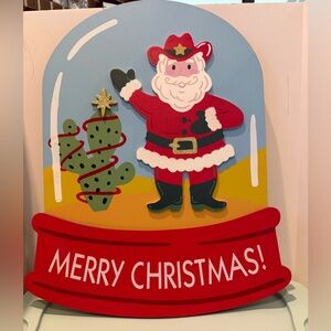 Super Cute HEB Cowboy Santa and Cactus Wooden Snowglobe Door Decoration- NWT